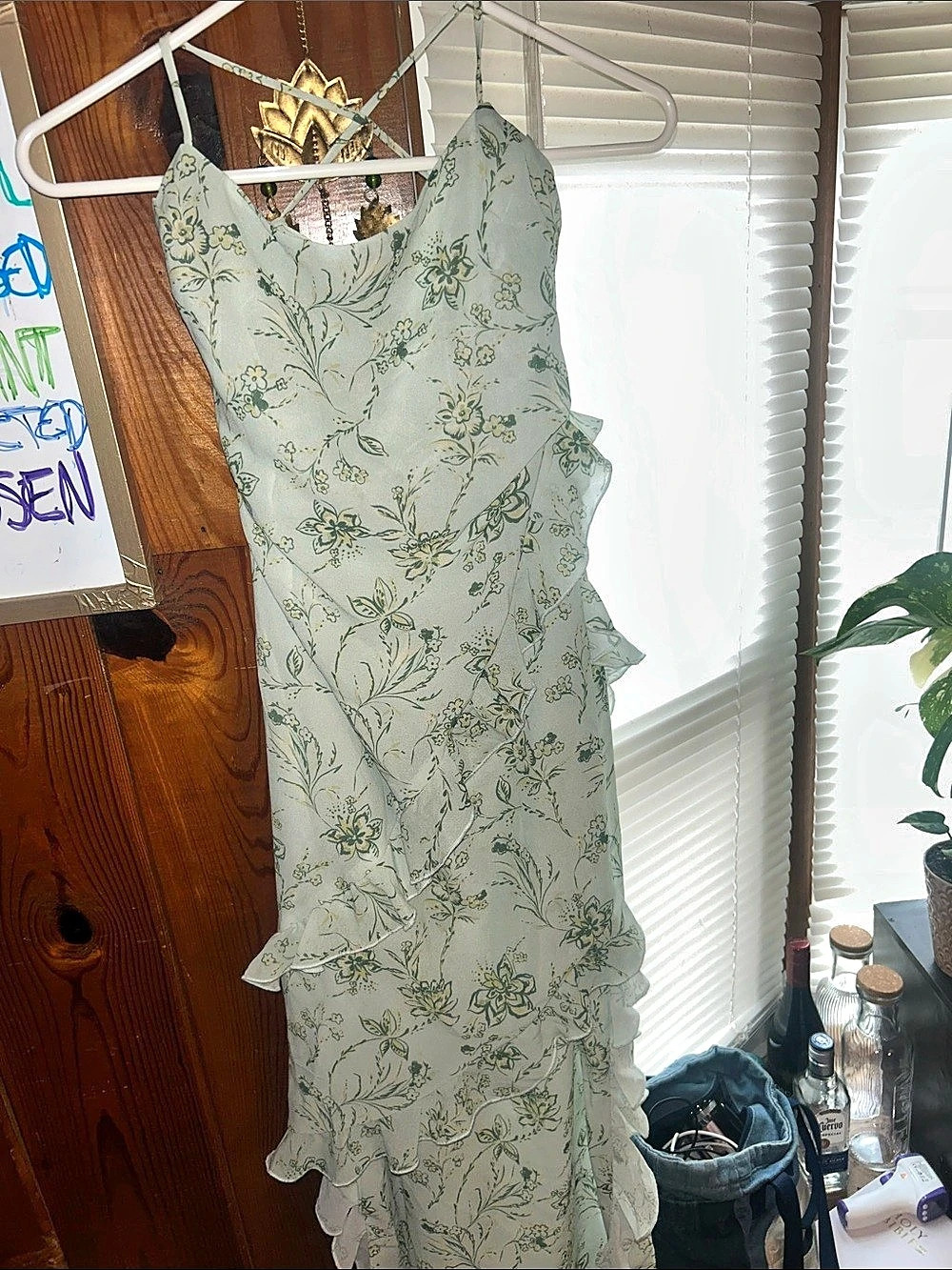 Peppermayo Floral Ruffle Maxi Dress in Green & White Like New